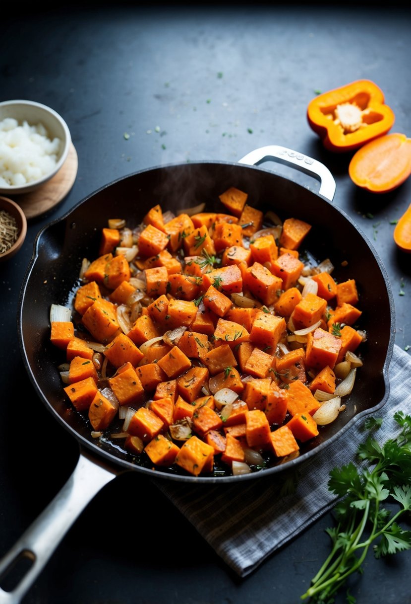 A skillet sizzling with diced sweet potatoes, onions, and bell peppers, seasoned with herbs and spices