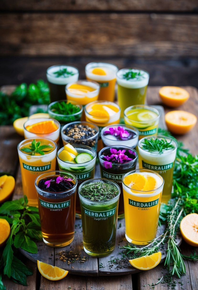 A colorful array of Herbalife loaded tea drinks arranged on a rustic wooden table, surrounded by fresh herbs and fruit slices