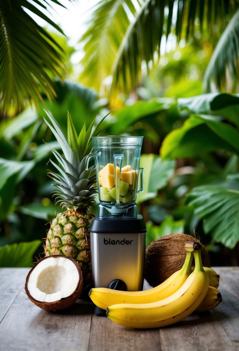 A tropical scene with coconuts, bananas, and a blender surrounded by lush green foliage