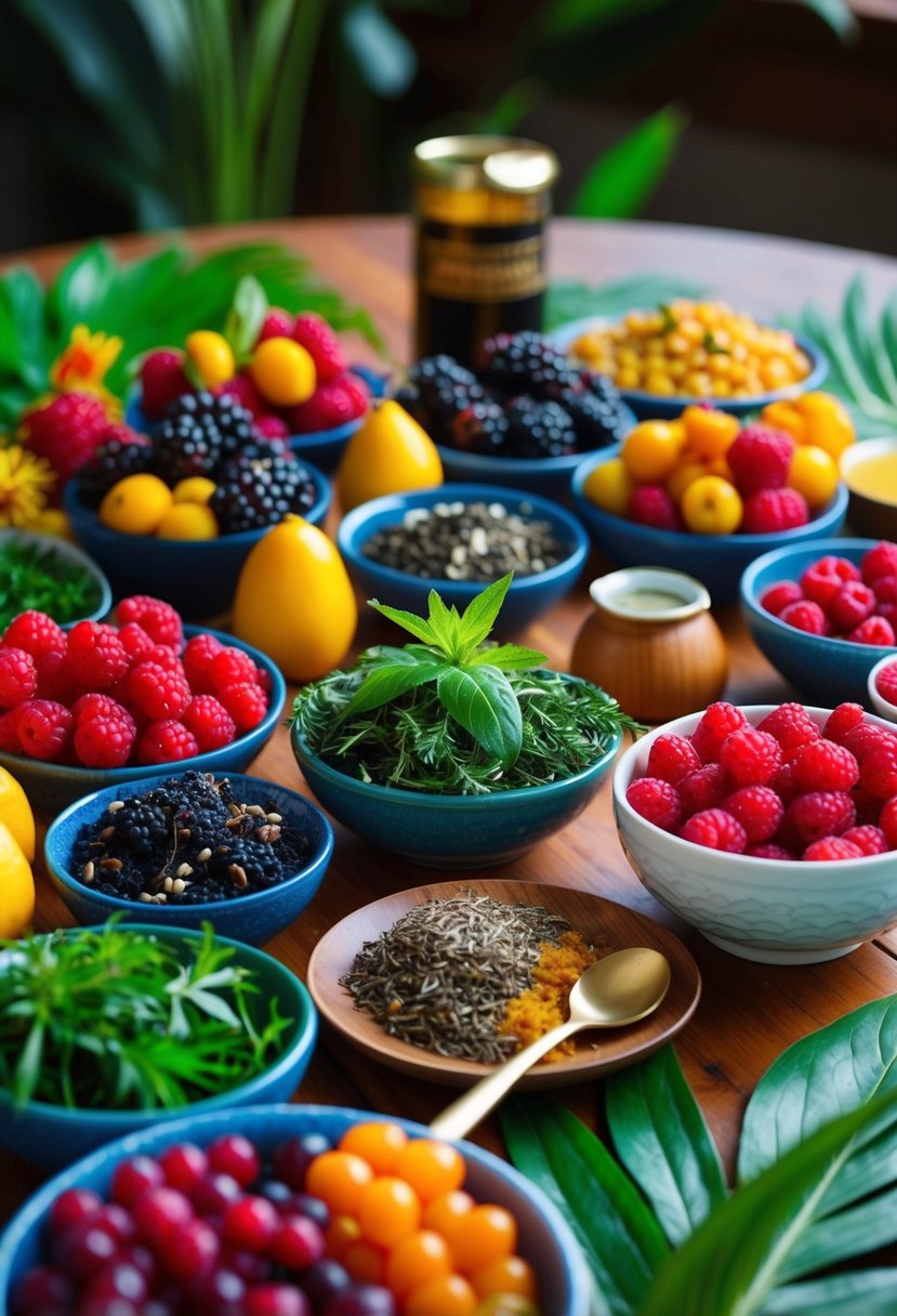 A vibrant, tropical scene with a colorful array of berries, herbs, and tea ingredients arranged on a wooden table