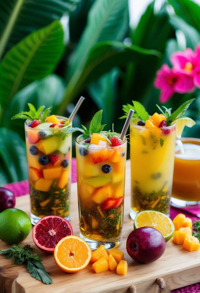 A vibrant tropical scene with colorful fruit and herbal ingredients blending together to create refreshing loaded tea drinks