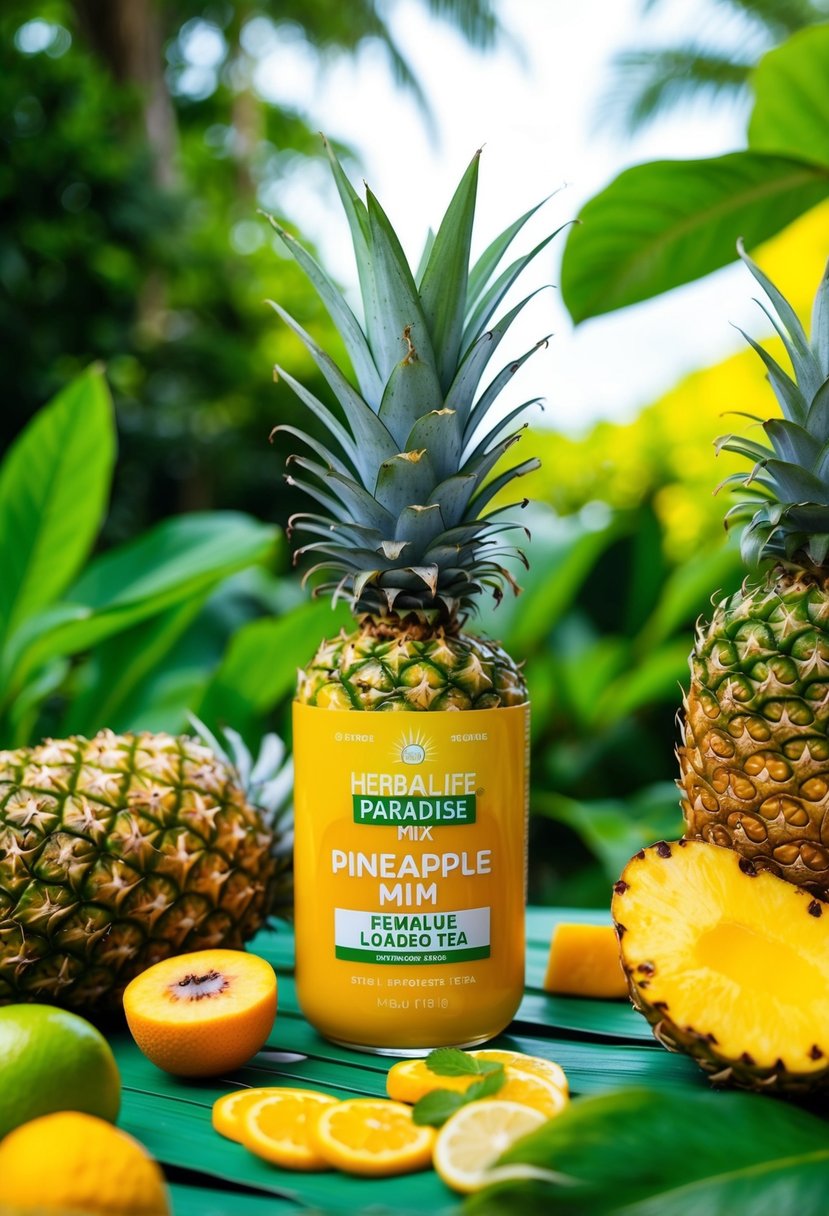 A vibrant tropical scene with a refreshing Pineapple Paradise Mix Herbalife loaded tea surrounded by lush greenery and exotic fruits