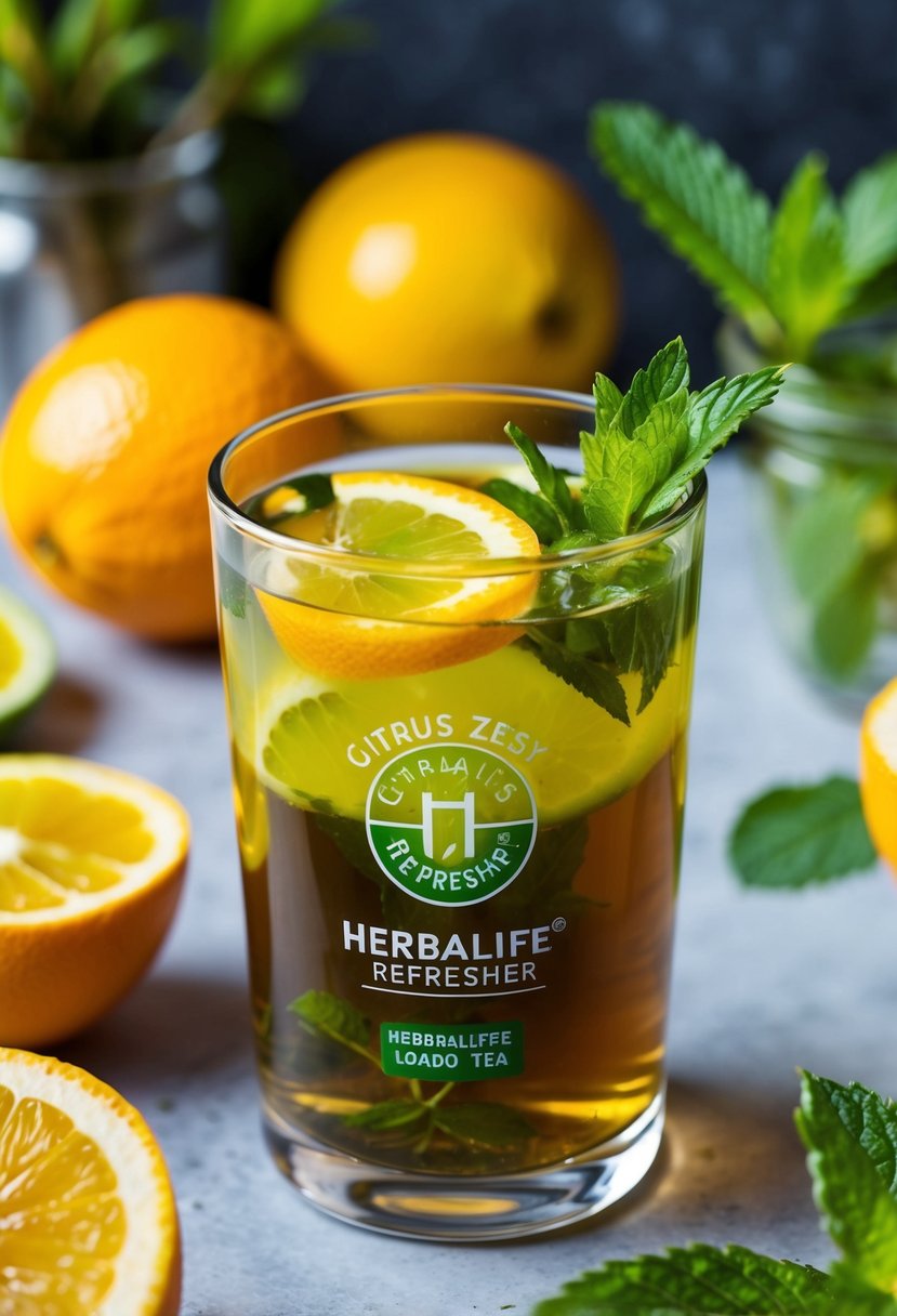 A glass filled with Citrus Zest Refresher herbalife loaded tea, surrounded by fresh citrus fruits and mint leaves