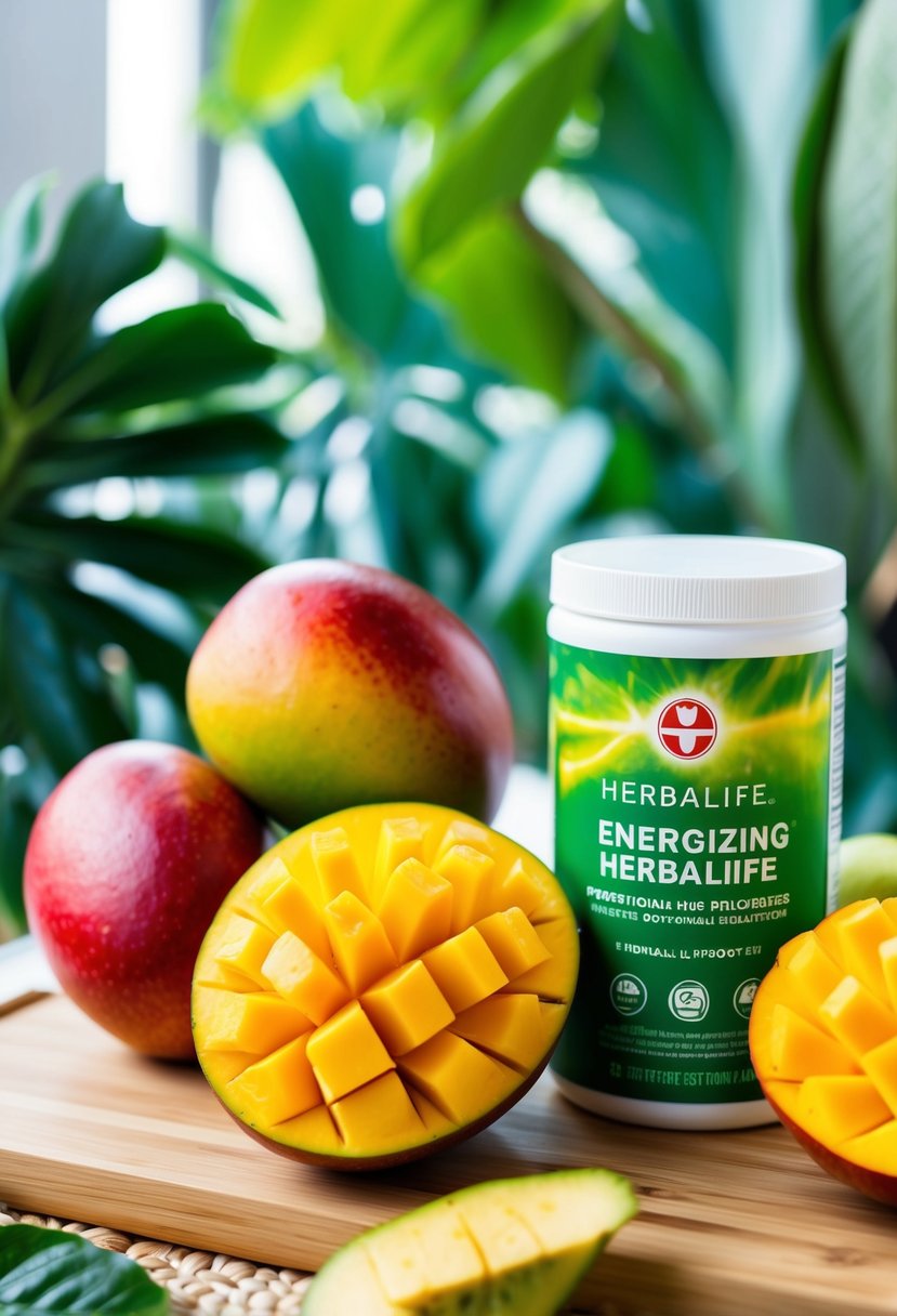 A vibrant tropical scene with ripe mangoes, swirling tea, and energizing herbalife ingredients