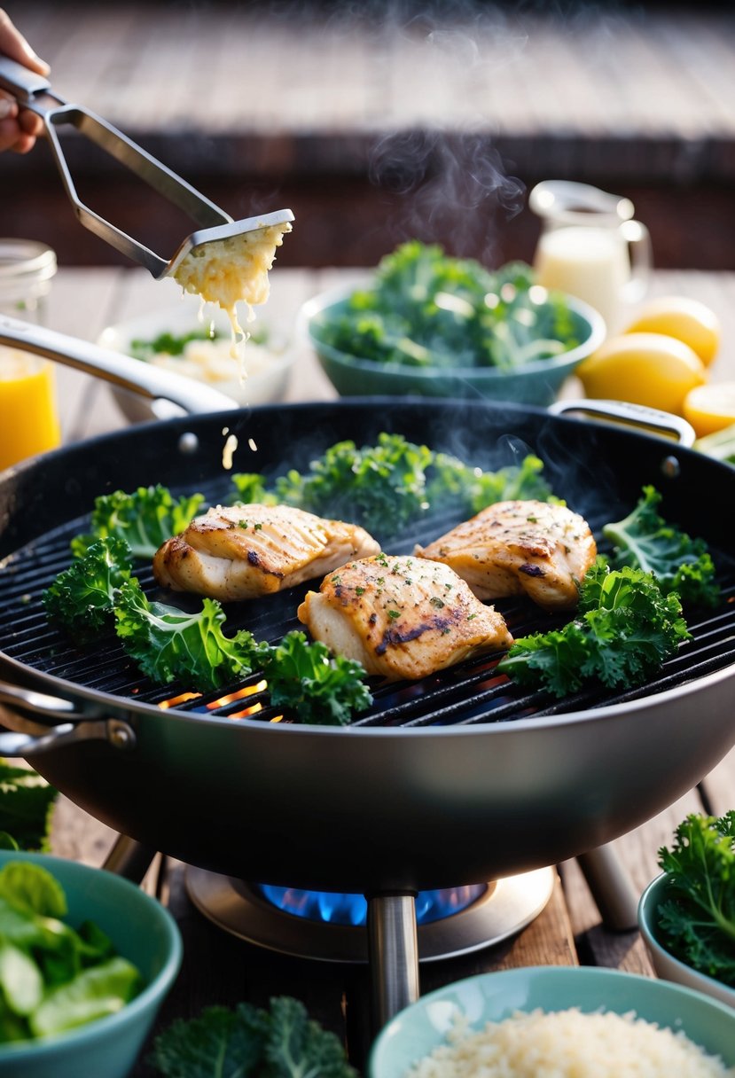 A sizzling grill with kale and chicken cooking, surrounded by fresh ingredients for a Caesar salad