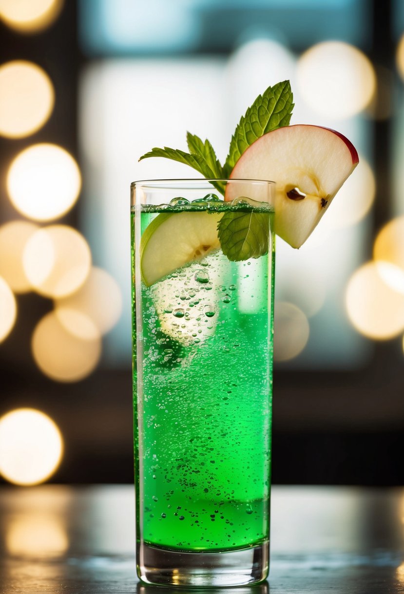 A tall glass filled with bubbling green liquid, garnished with a slice of apple and a sprig of mint