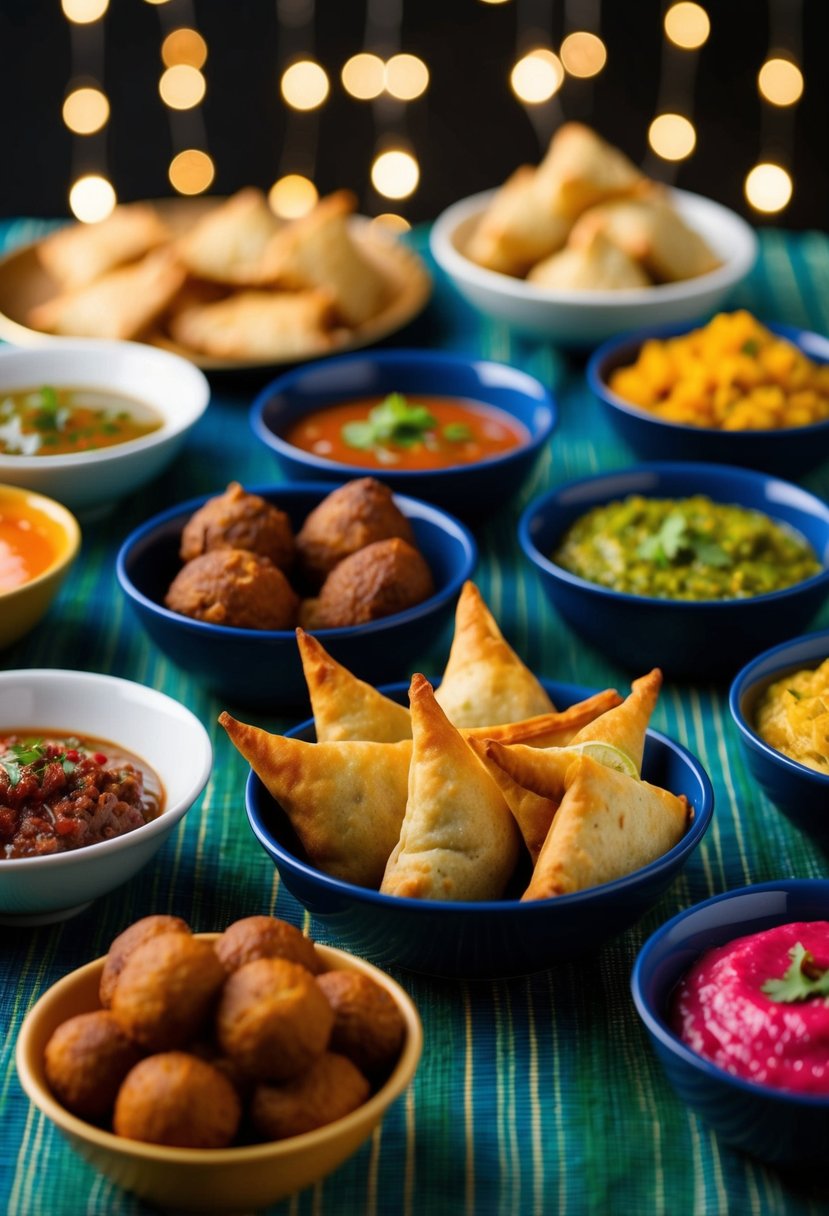 A table spread with an assortment of South Indian snacks, including crispy vadas, savory samosas, and colorful chutneys in small bowls