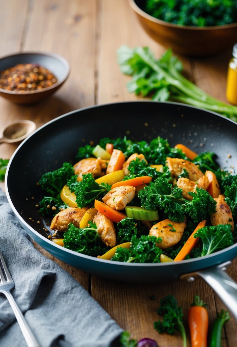 A sizzling pan of kale and chicken stir-fry with colorful vegetables and aromatic spices