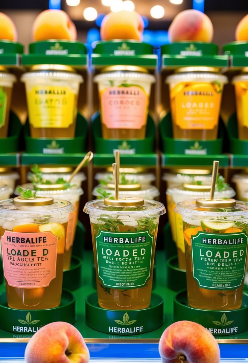 A vibrant display of colorful herbalife loaded tea drinks with fresh peaches and herbs, exuding a sense of invigorating and refreshing peachy keen sensation