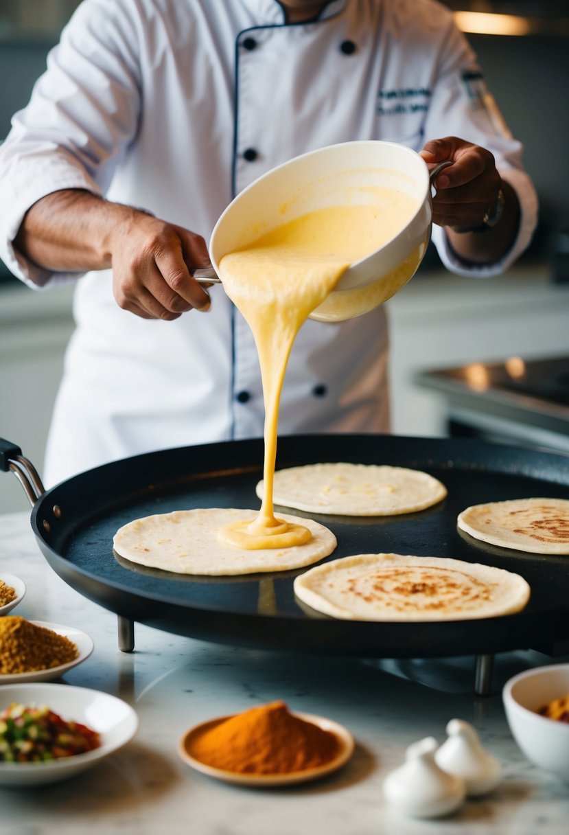 A chef pours batter onto a hot griddle, creating thin, circular dosas. A spread of ingredients and spices sit nearby