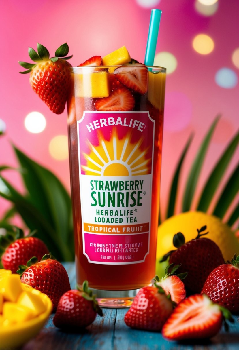 A vibrant, tropical scene with a tall glass of Strawberry Sunrise herbalife loaded tea surrounded by fresh strawberries and colorful tropical fruits