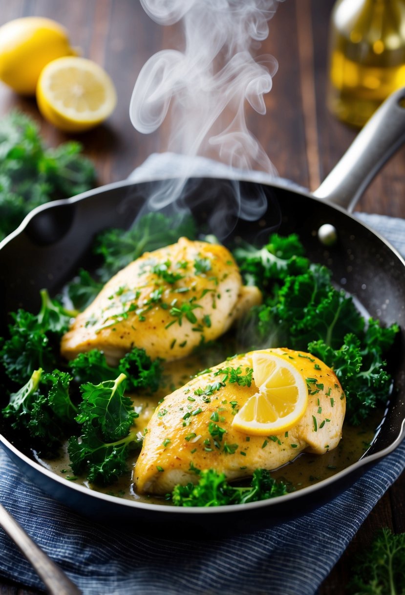 A sizzling skillet with lemon herb chicken and sautéed kale, steam rising, vibrant colors and enticing aromas