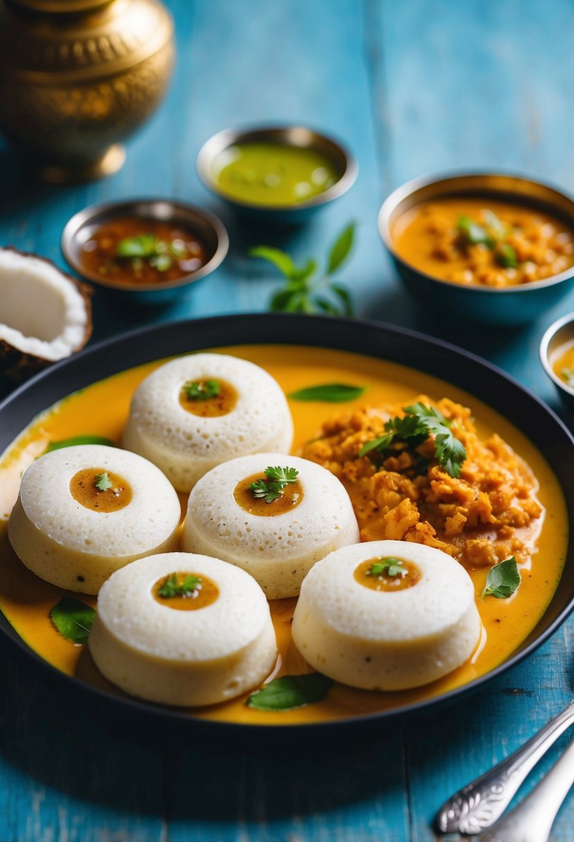 A steaming plate of idli arranged with coconut chutney and sambar