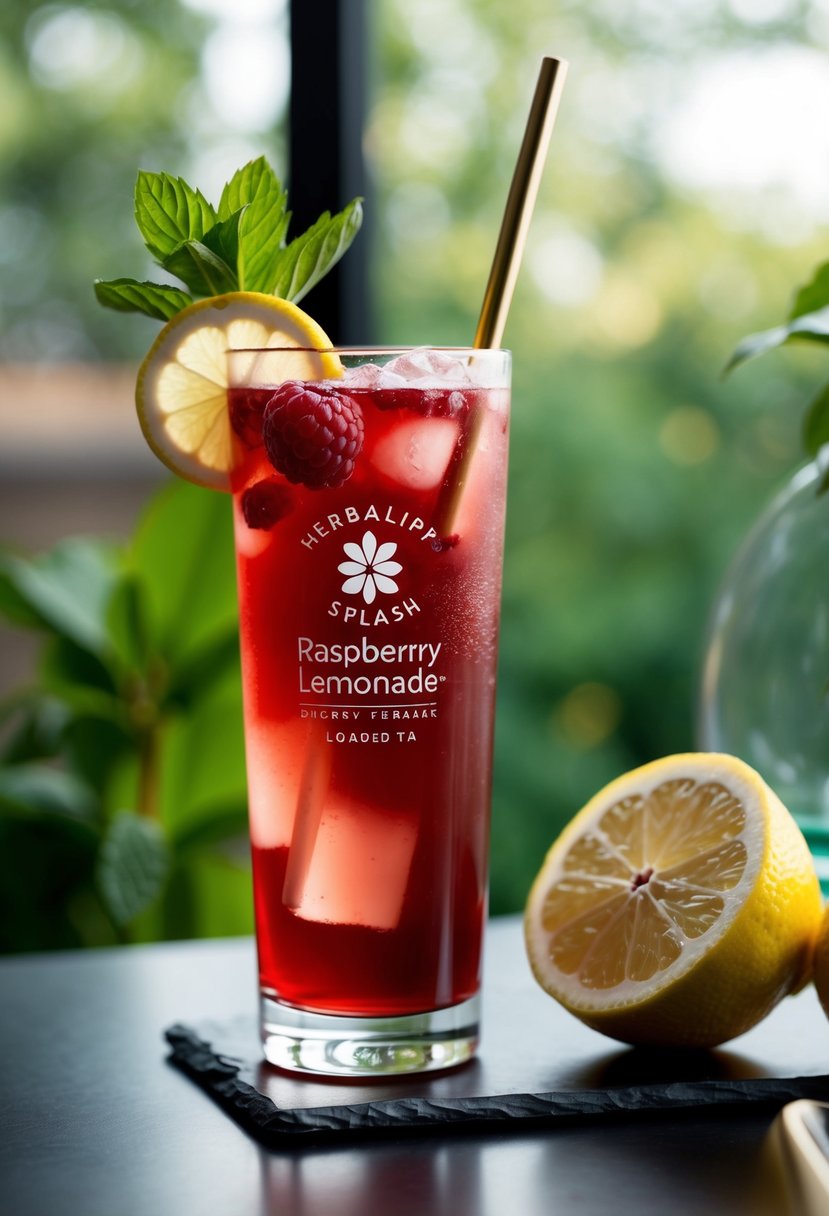 A tall glass of raspberry lemonade splash herbalife loaded tea sits on a table with a slice of lemon and a sprig of mint as garnish