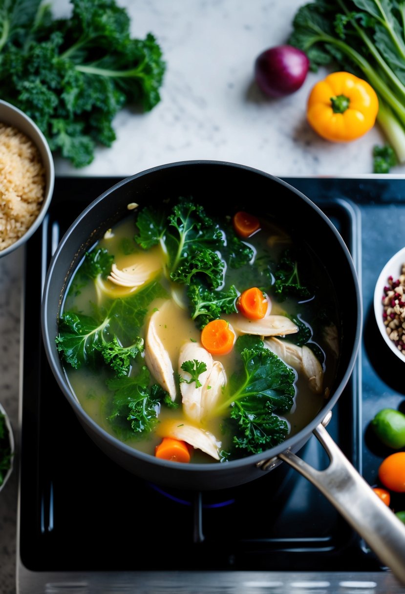 A pot of kale and chicken soup simmering on a stove, with quinoa and various vegetables scattered around