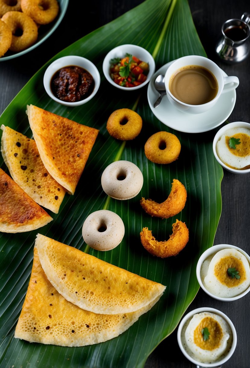 A colorful spread of crispy dosas, fluffy idlis, and spicy vadas arranged on a banana leaf. A small bowl of chutney and a steaming cup of filter coffee complete the scene