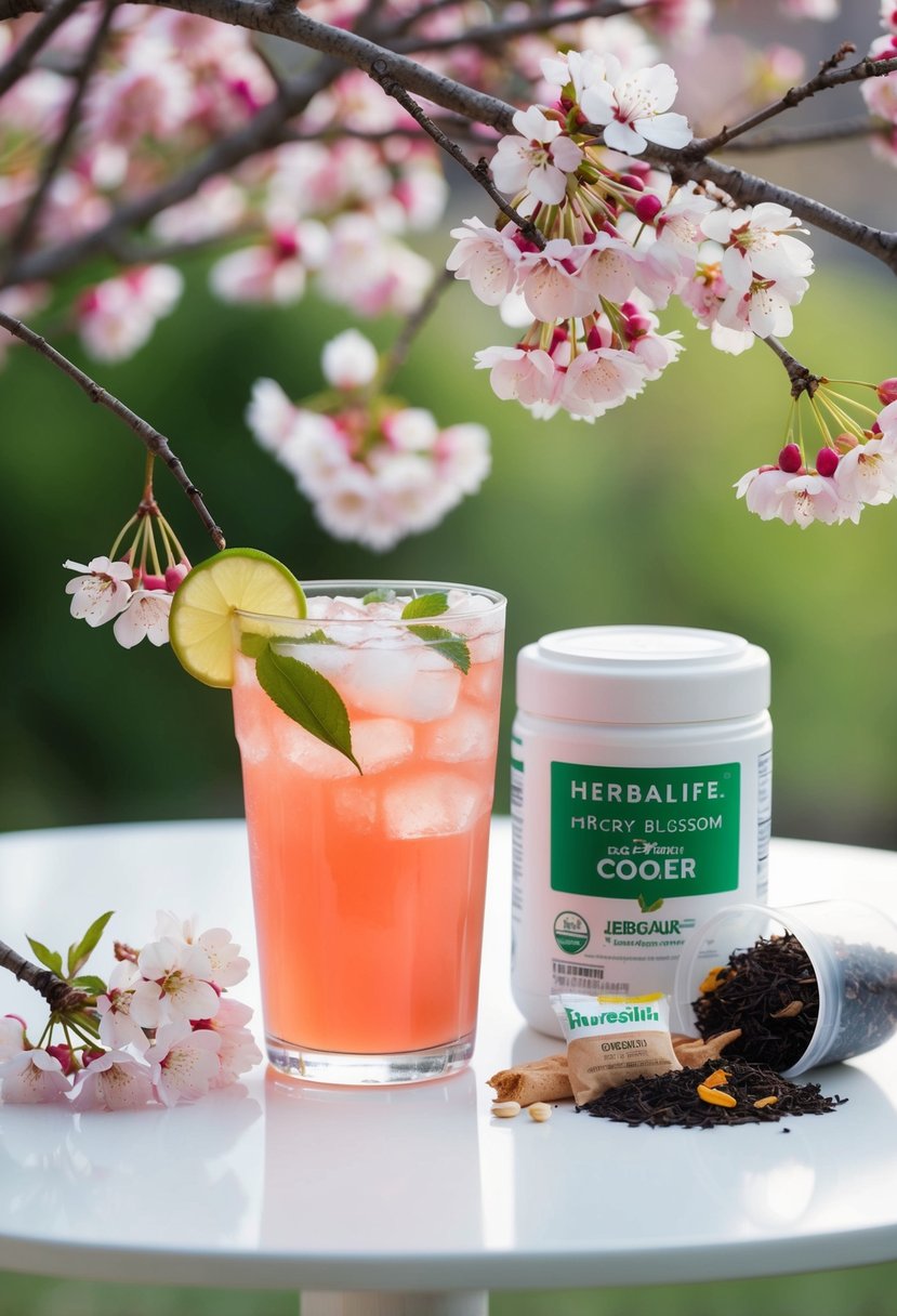 A refreshing Cherry Blossom Cooler sits on a table, surrounded by blooming cherry blossom branches and herbalife loaded tea ingredients