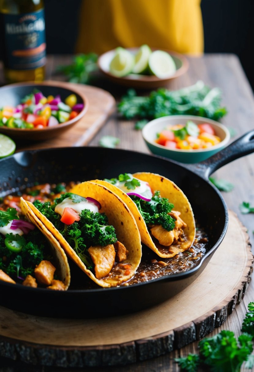 A sizzling skillet of spicy kale and chicken tacos with colorful toppings on a wooden table