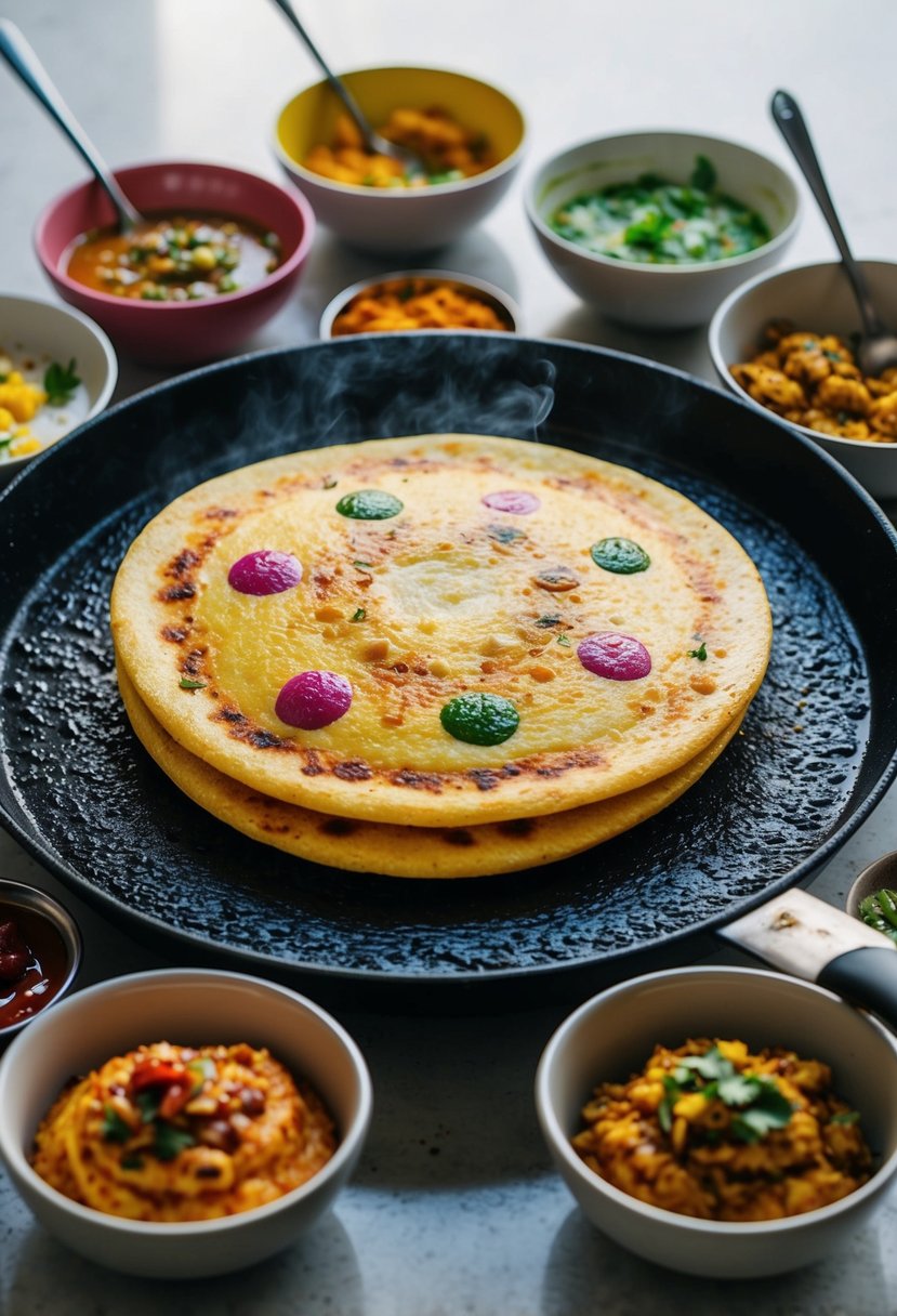 A sizzling hot griddle with colorful, round uttapam cooking, surrounded by bowls of vibrant chutneys and toppings