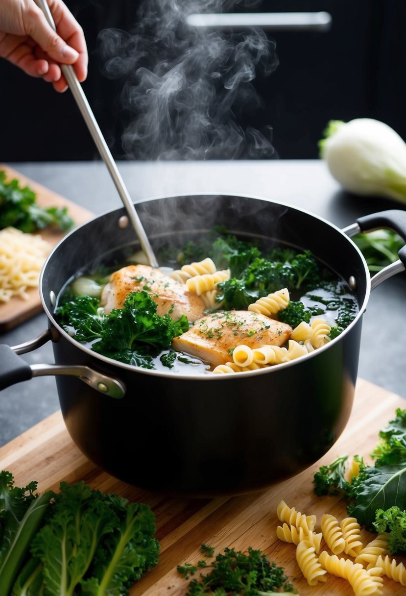 A pot of boiling water with kale, chicken, and pasta being cooked together. Chopped vegetables and herbs are laid out on a cutting board nearby