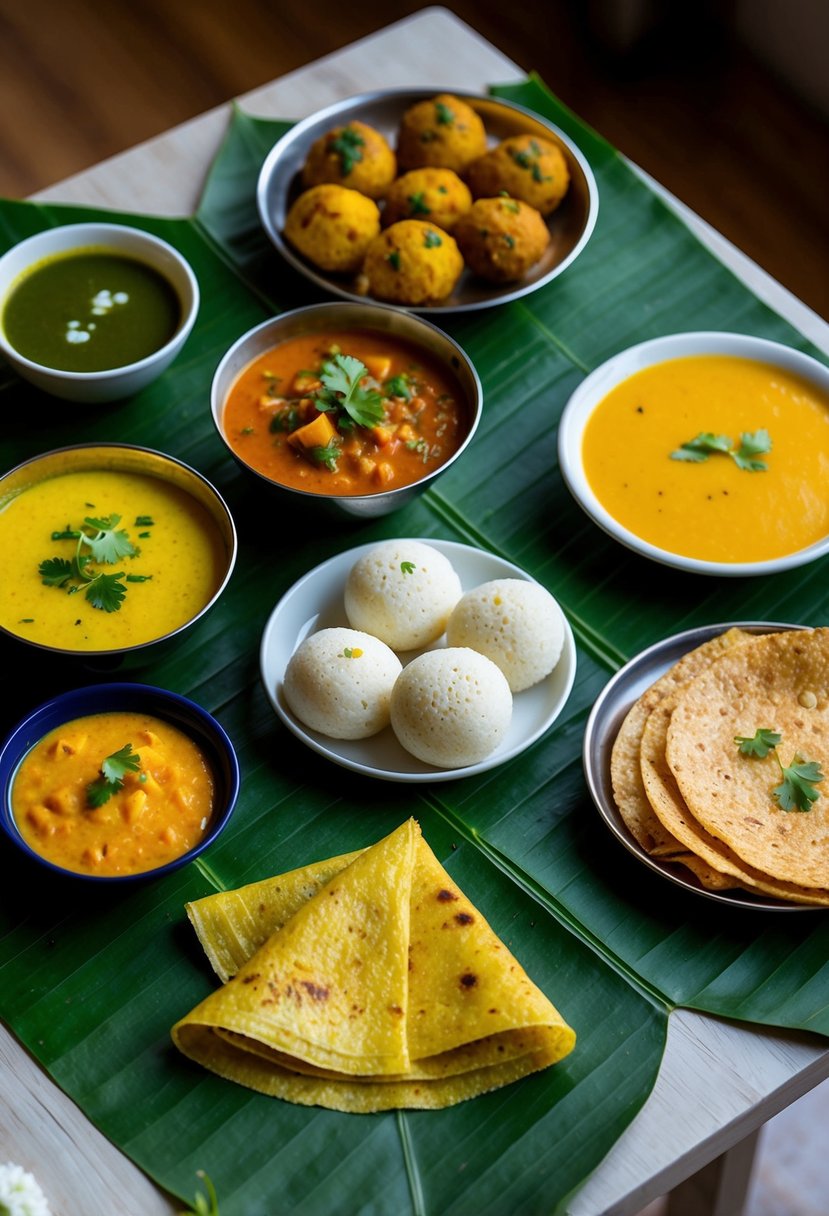 A table set with a variety of South Indian snacks, including sambar, idli, vada, and dosa, arranged on traditional banana leaves