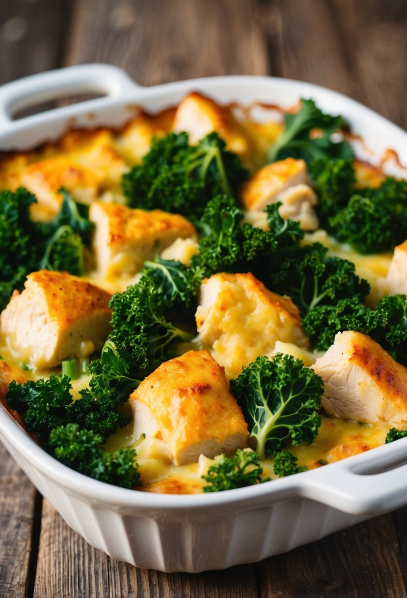 A golden-brown baked casserole with tender chunks of chicken and vibrant green kale, nestled in a white ceramic dish on a rustic wooden table