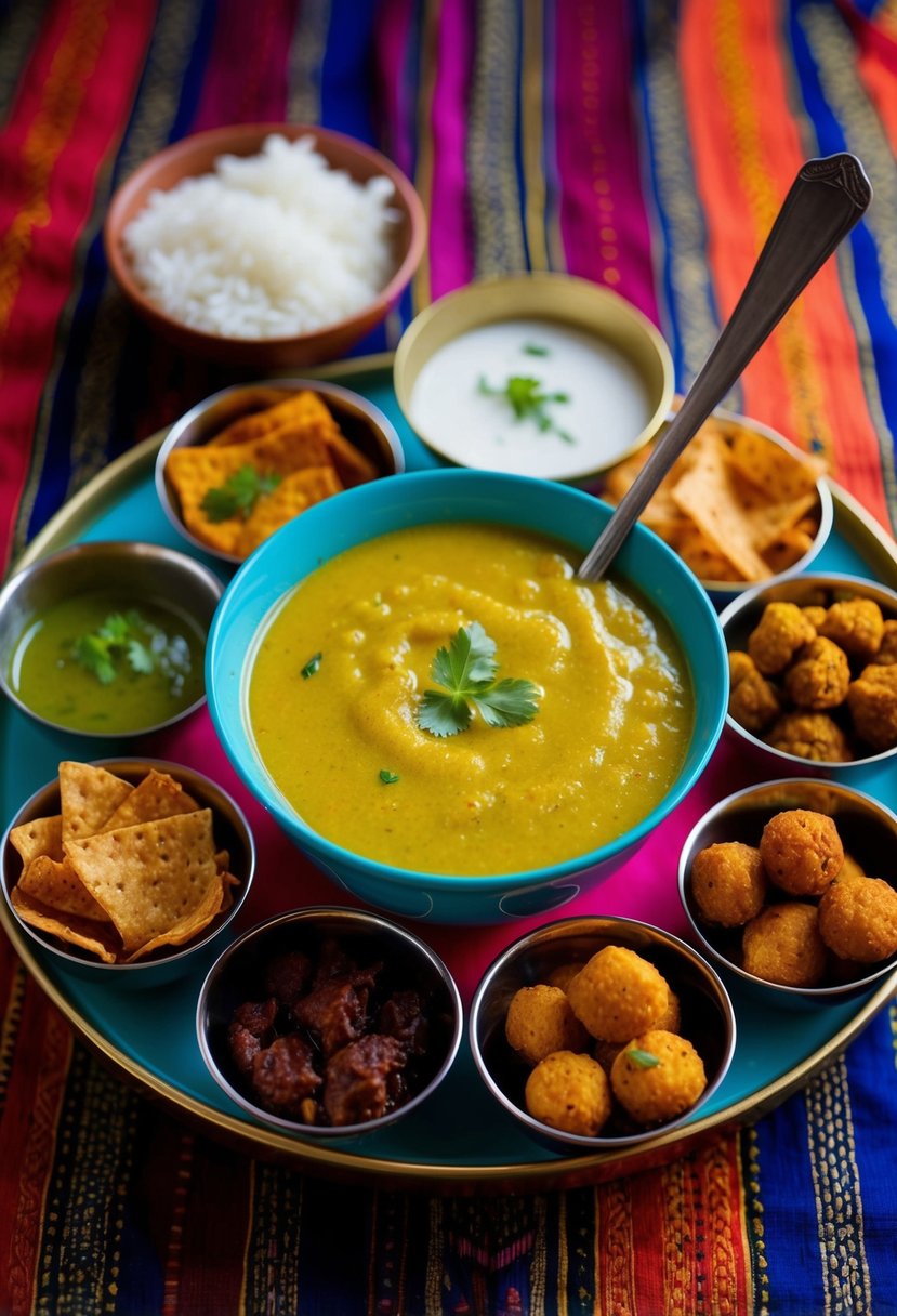 A steaming bowl of rasam surrounded by assorted south Indian snacks on a vibrant, patterned tablecloth