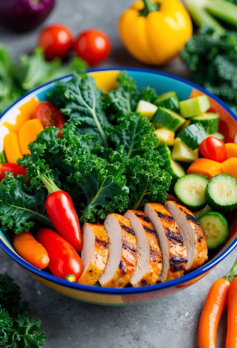 A colorful bowl filled with vibrant kale leaves, grilled chicken slices, and assorted fresh vegetables, arranged in an appealing and appetizing manner