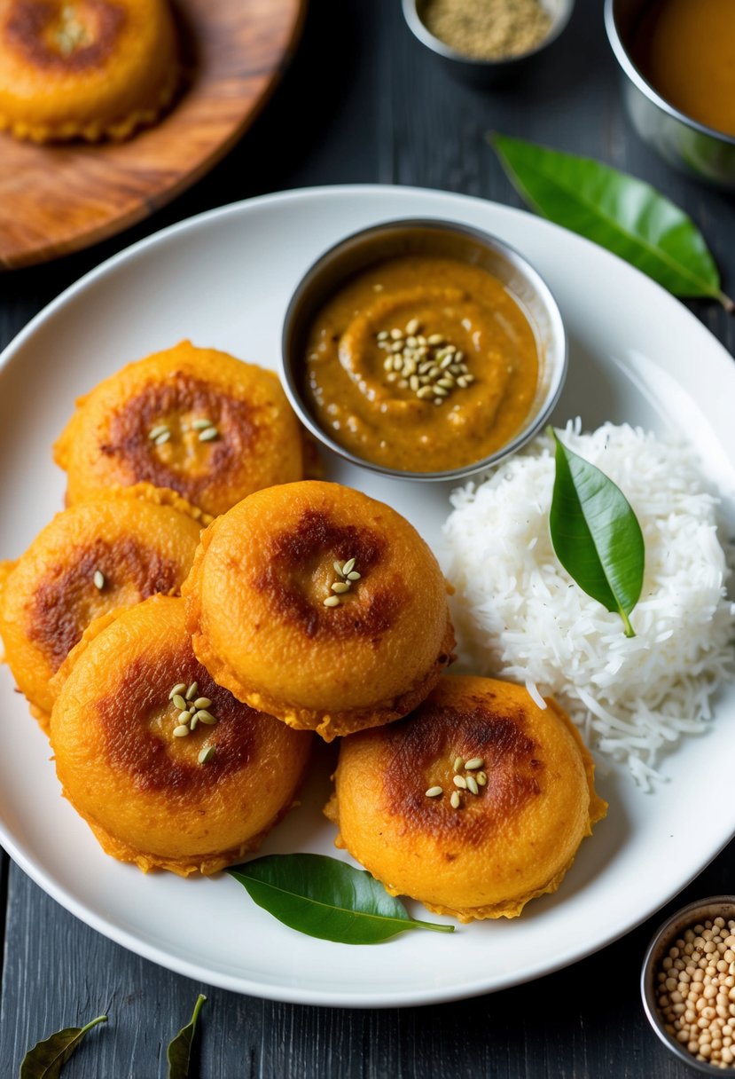 A plate of golden-brown Medu Vada arranged with a side of coconut chutney and sambar, garnished with curry leaves and mustard seeds