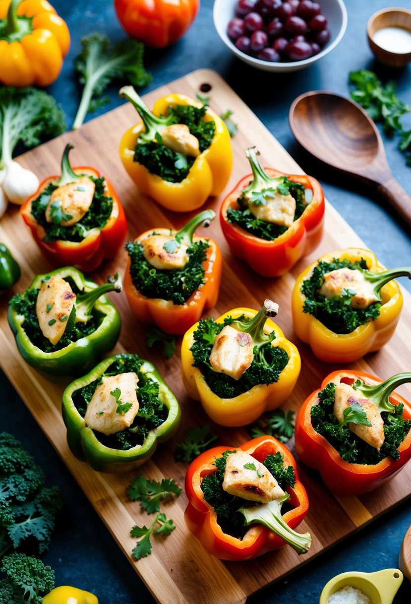 A colorful array of kale and chicken stuffed peppers on a wooden cutting board, surrounded by fresh ingredients and cooking utensils