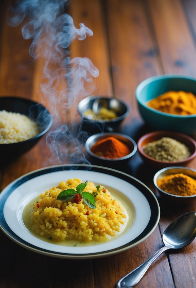 A steaming plate of Upma surrounded by colorful spices and ingredients on a wooden table