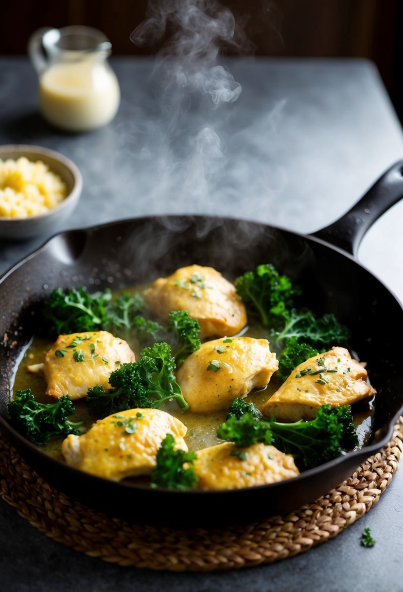 A sizzling skillet with garlic butter chicken and kale cooking together, emitting a savory aroma