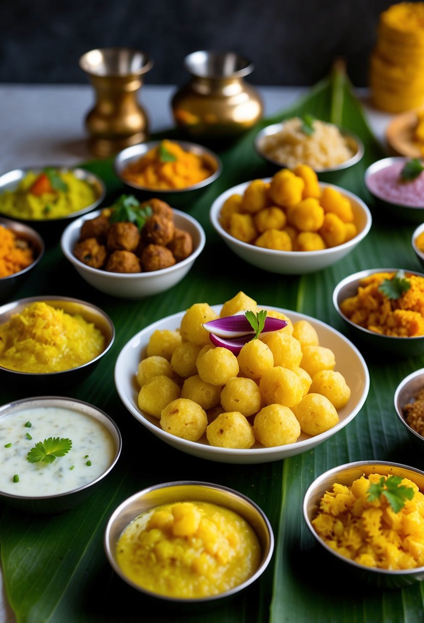 A table spread with colorful and aromatic South Indian snacks, including Pongal, displayed on banana leaves