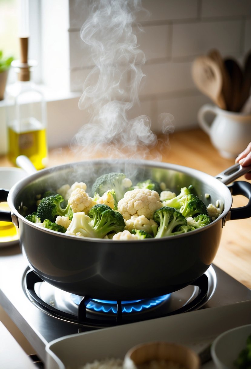 A steaming pot of mixed broccoli and cauliflower being tossed with garlic and olive oil in a sunlit kitchen