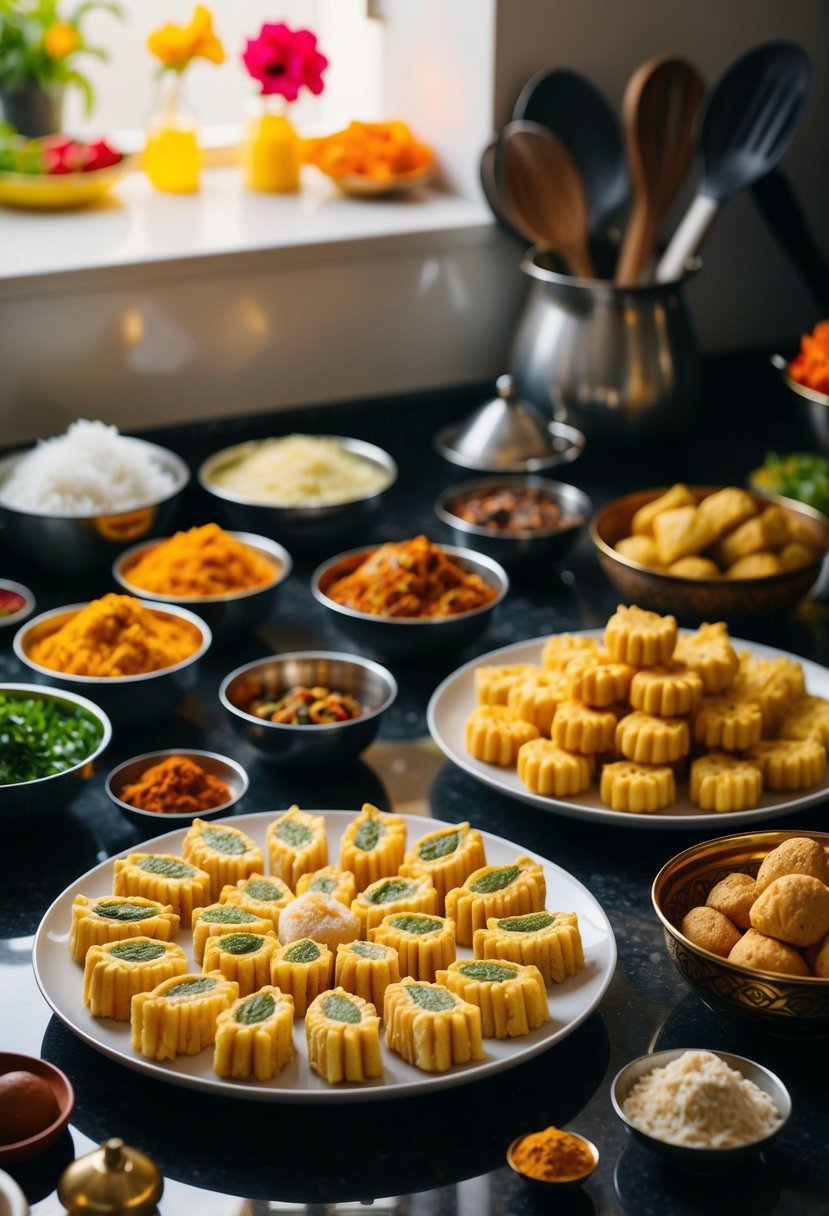 A kitchen counter with a variety of Murukku snacks arranged on a plate, surrounded by traditional Indian cooking ingredients and utensils