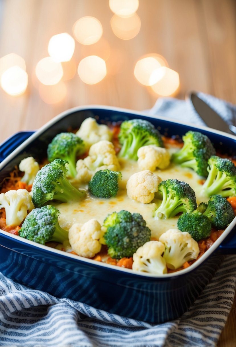 A baking dish filled with frozen broccoli and cauliflower, topped with melted cheese