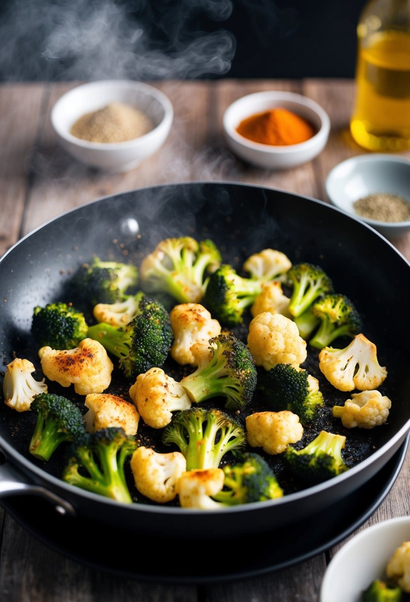 A sizzling pan of roasted broccoli and cauliflower, sprinkled with spicy seasoning, steaming and ready to be served