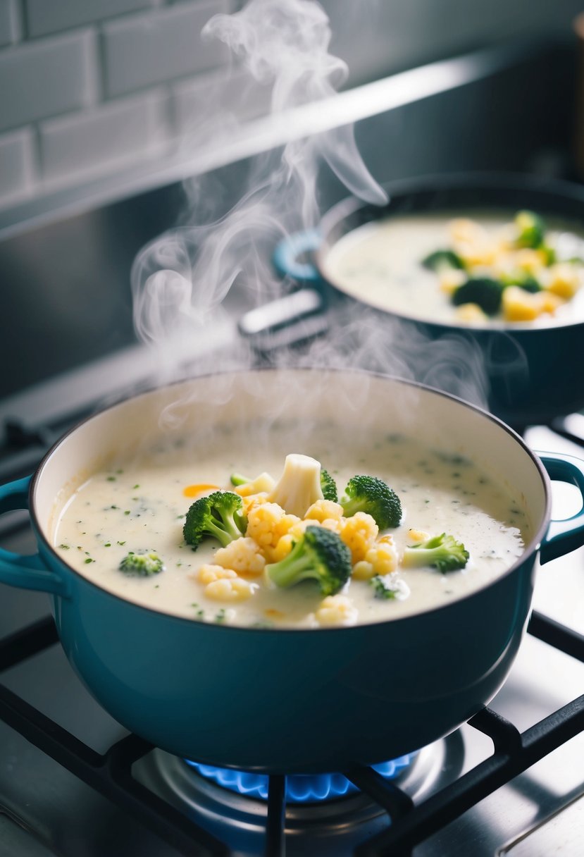 A pot of creamy broccoli cauliflower soup simmers on the stove, steam rising as frozen vegetables and broth blend together