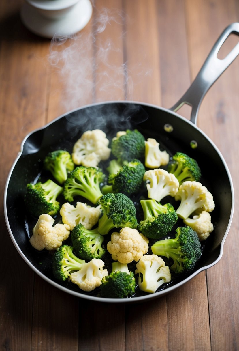 A sizzling skillet holds a medley of garlic butter-coated broccoli and cauliflower florets, emitting a mouthwatering aroma