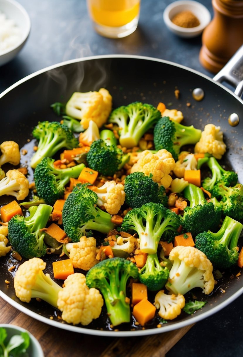 A sizzling pan filled with colorful broccoli and cauliflower florets, being stir-fried with a medley of aromatic spices and sauces