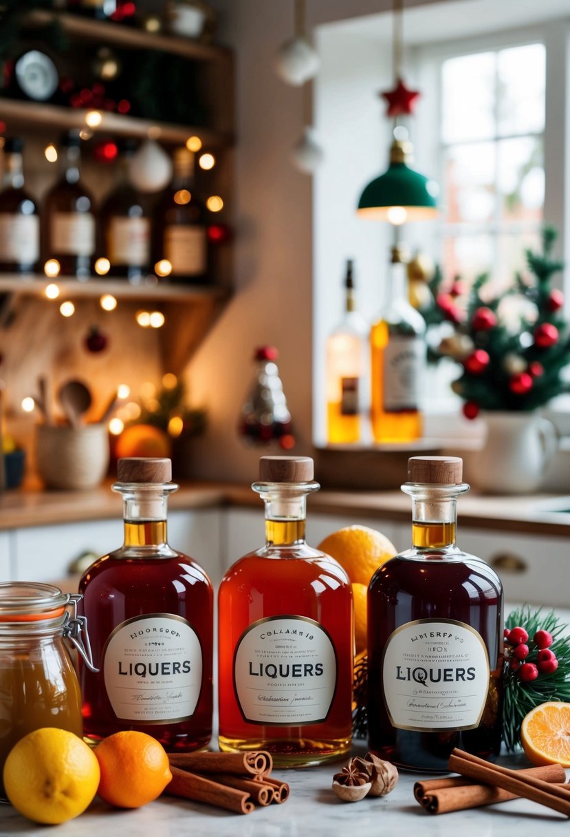 A cozy kitchen with jars of homemade liqueurs, surrounded by festive decorations and ingredients like cinnamon sticks and citrus fruits