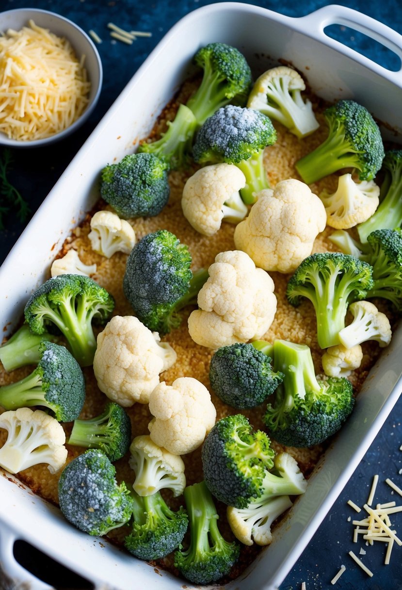 A baking dish filled with frozen broccoli and cauliflower, surrounded by ingredients like cheese, breadcrumbs, and seasoning