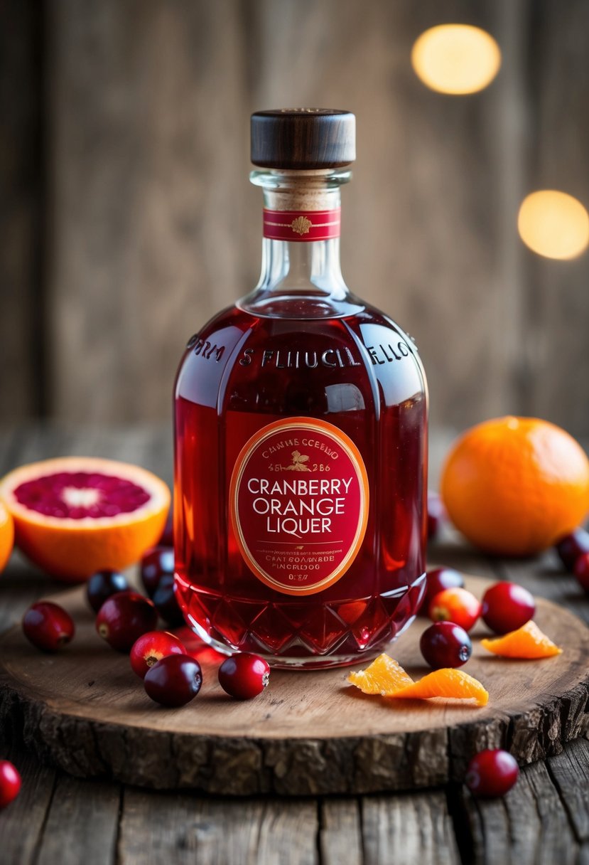 A glass bottle filled with deep red cranberry orange liqueur sits on a rustic wooden table surrounded by fresh cranberries and orange peels