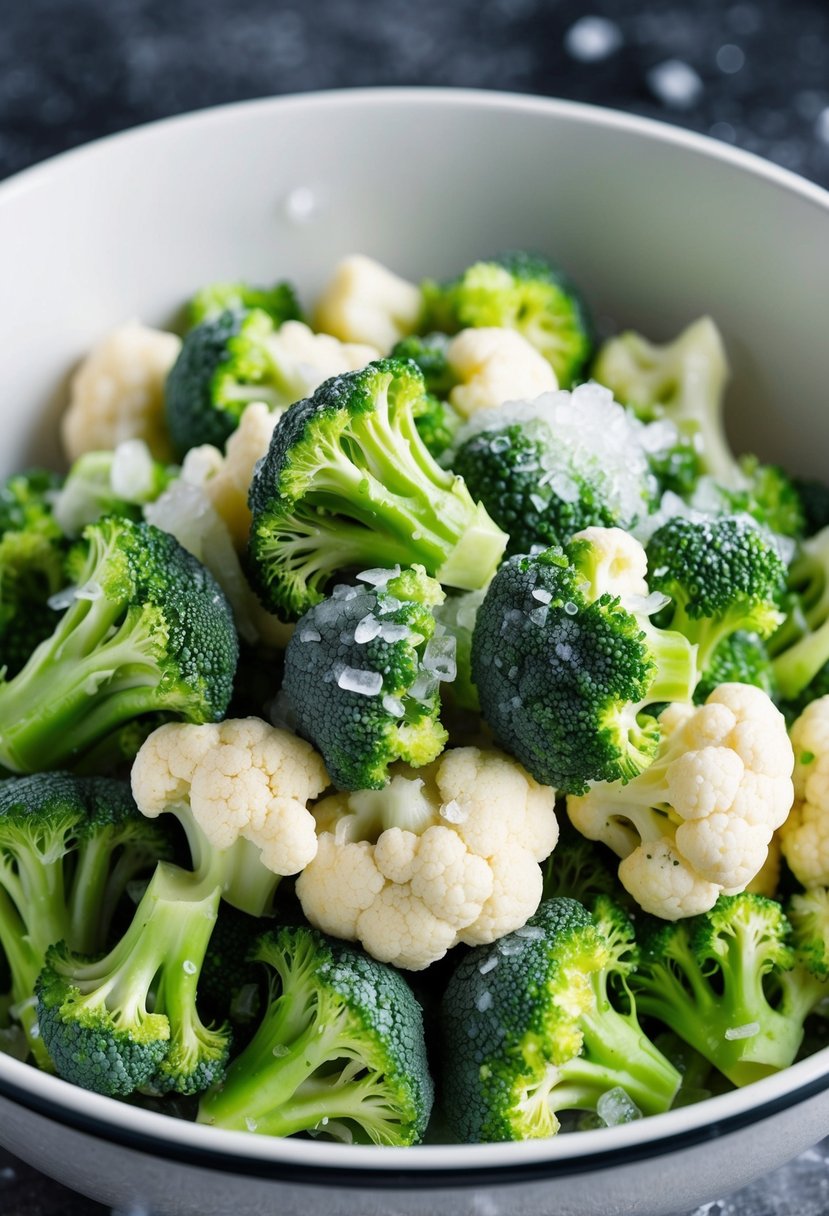 A pile of smashed broccoli and cauliflower mixed together in a bowl, with ice crystals still clinging to the frozen vegetables