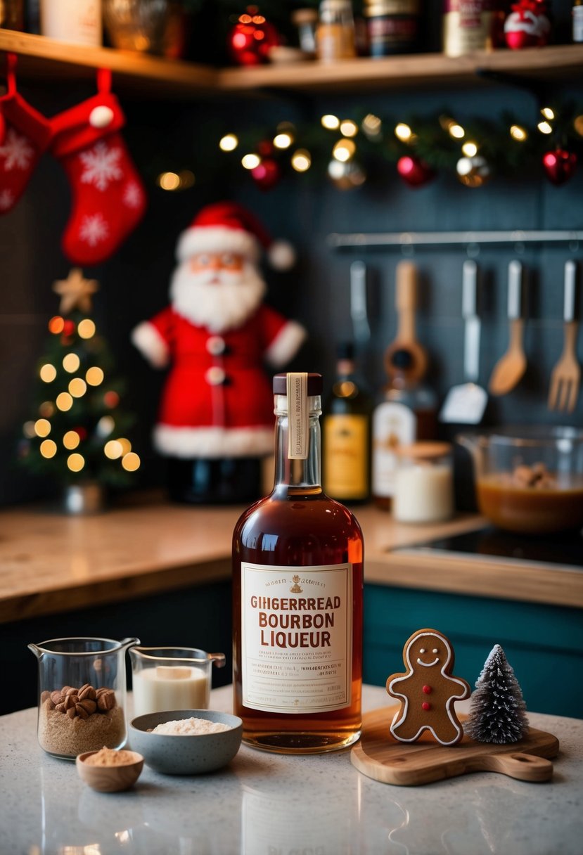 A cozy kitchen counter with a bottle of gingerbread bourbon liqueur surrounded by festive Christmas decorations and ingredients for homemade liqueur