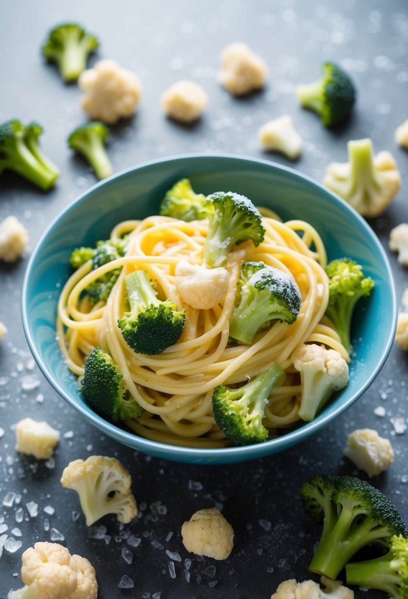 A steaming bowl of creamy pasta with broccoli and cauliflower, surrounded by scattered frozen vegetables