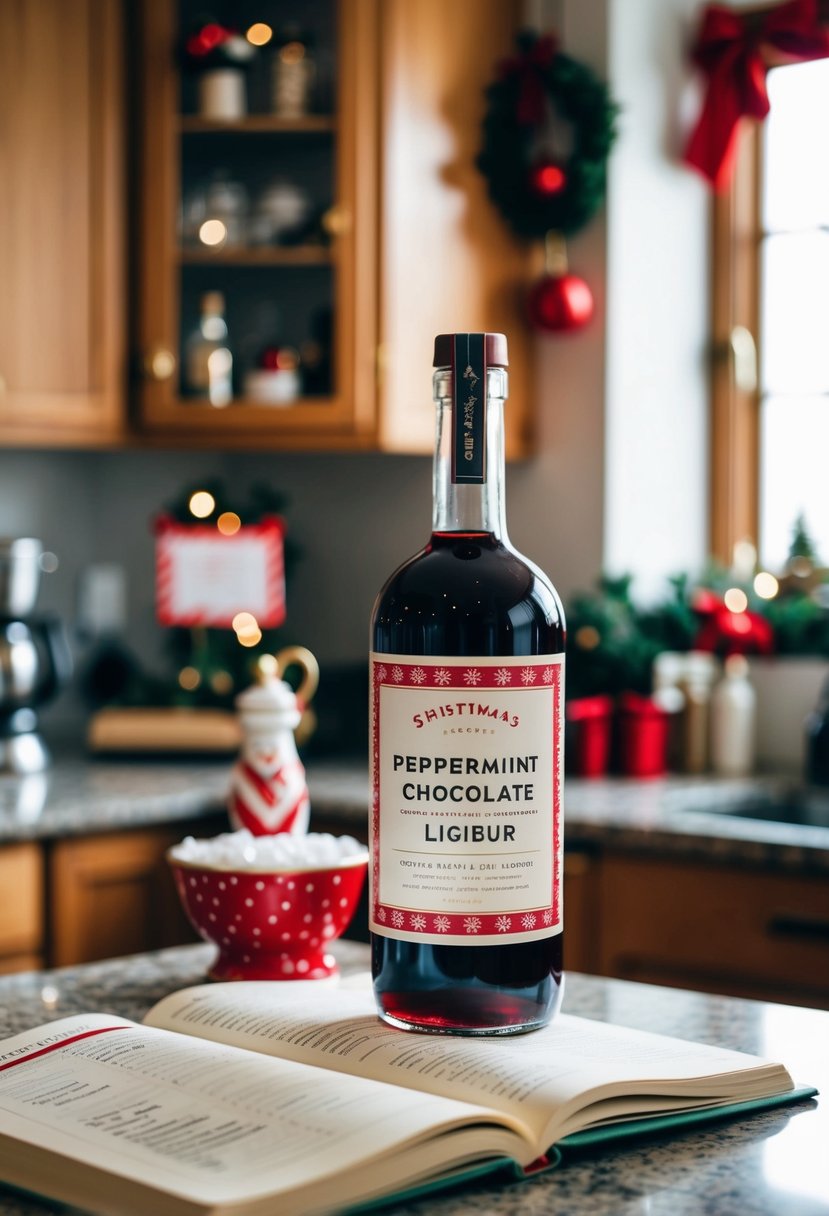 A cozy kitchen with festive decorations, where a bottle of homemade peppermint chocolate liqueur sits on the counter next to a recipe book open to a Christmas-themed page