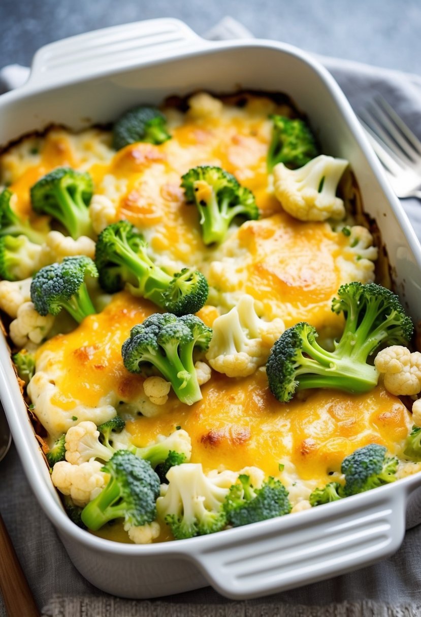 A baking dish filled with creamy broccoli and cauliflower gratin, topped with golden, bubbling cheese