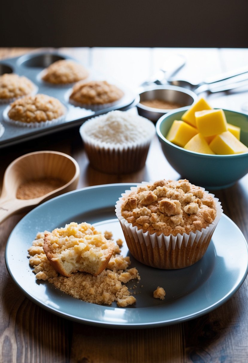 A table with assorted ingredients and utensils for making streusel muffins