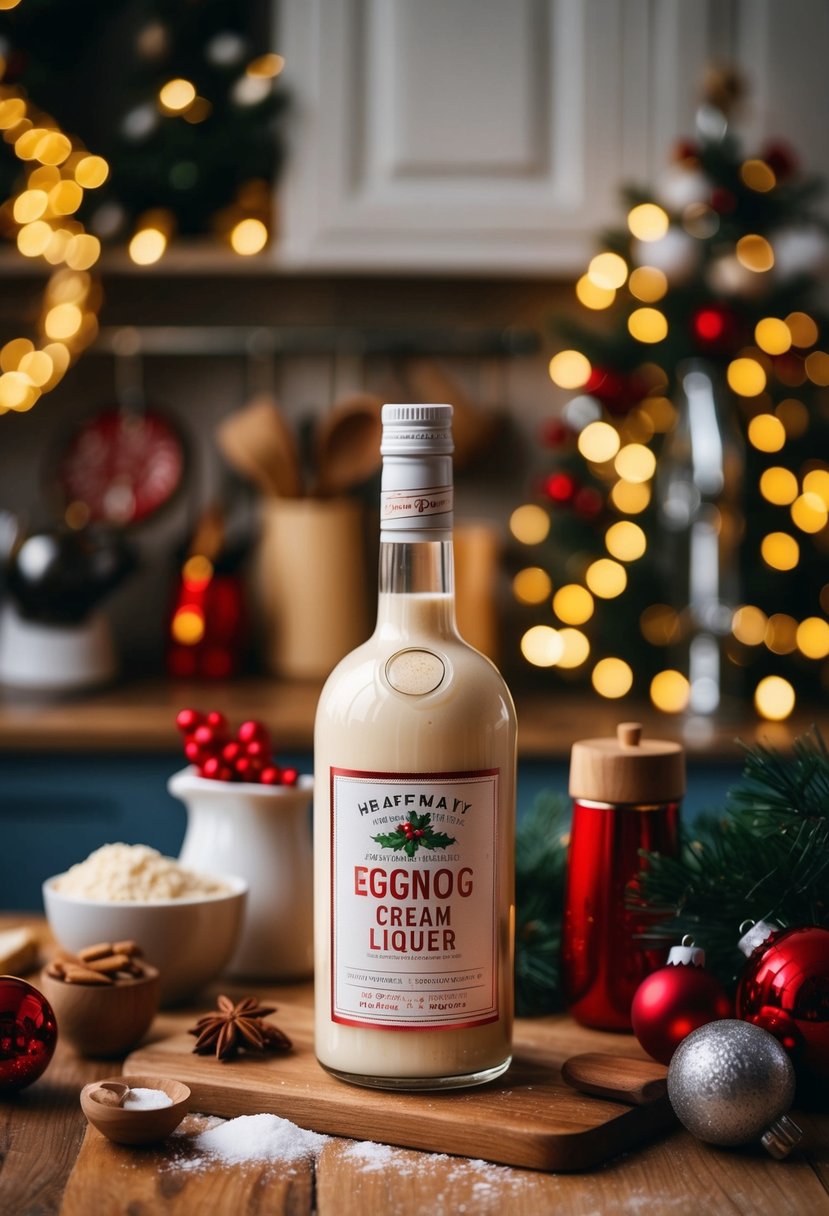 A cozy kitchen with a festive atmosphere, featuring a bottle of homemade eggnog cream liqueur surrounded by ingredients and Christmas decorations